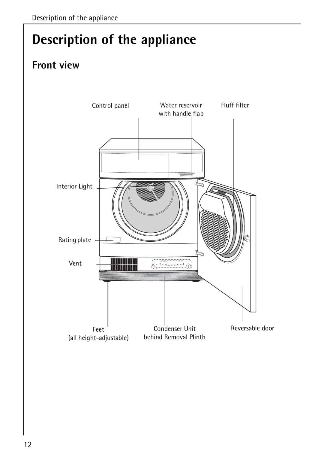 AEG 57320 operating instructions Description of the appliance, Front view 