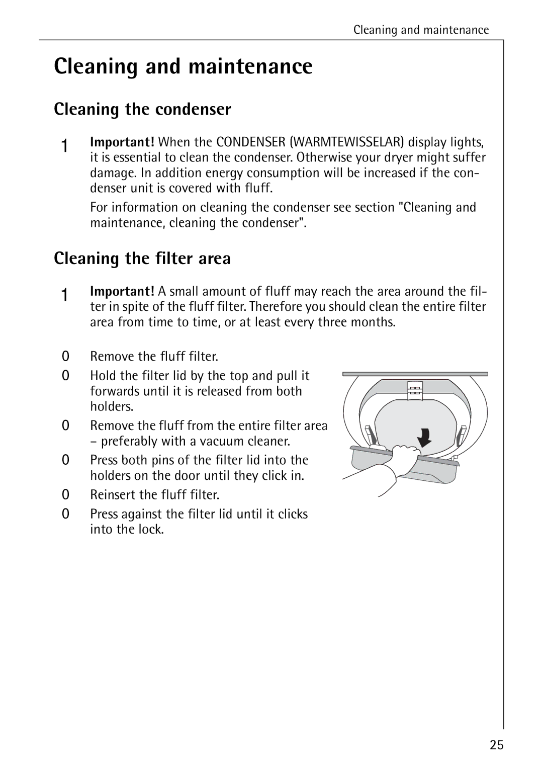 AEG 57320 operating instructions Cleaning and maintenance, Cleaning the filter area 