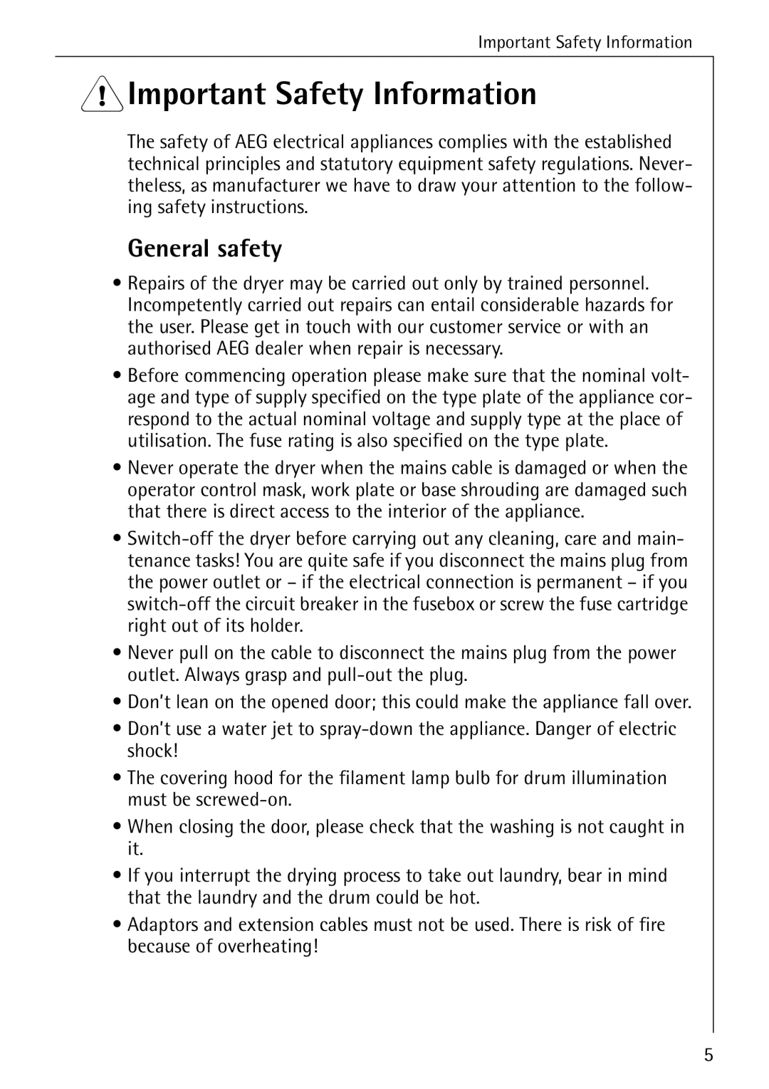 AEG 57320 operating instructions 1Important Safety Information, General safety 