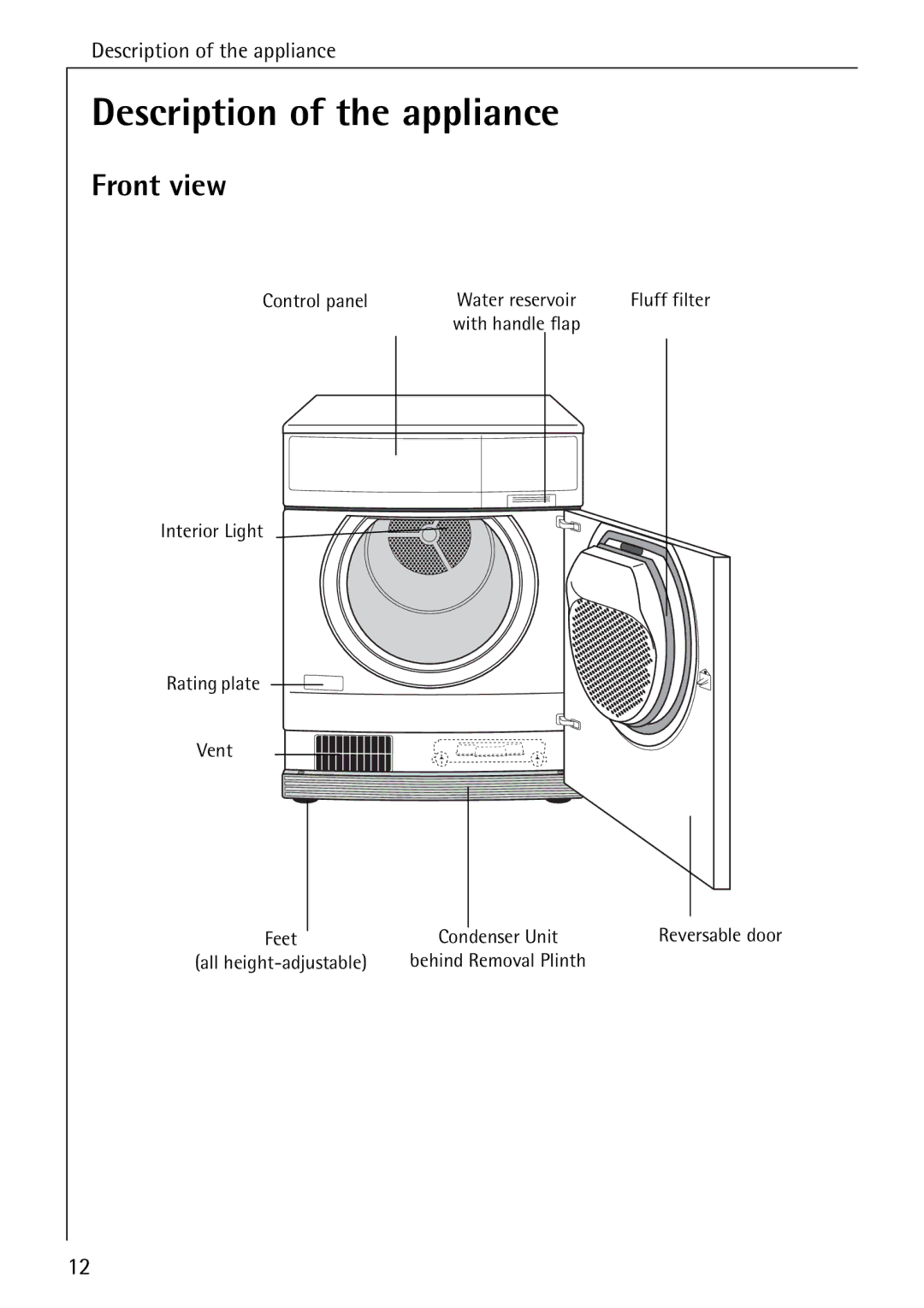 AEG 57520 operating instructions Description of the appliance, Front view 