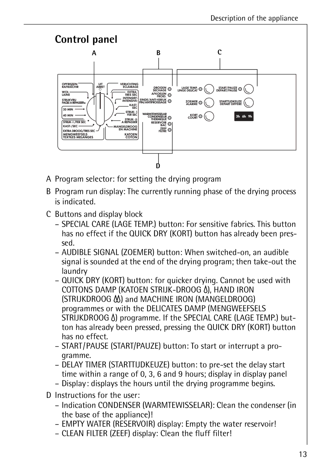 AEG 57520 operating instructions Control panel 