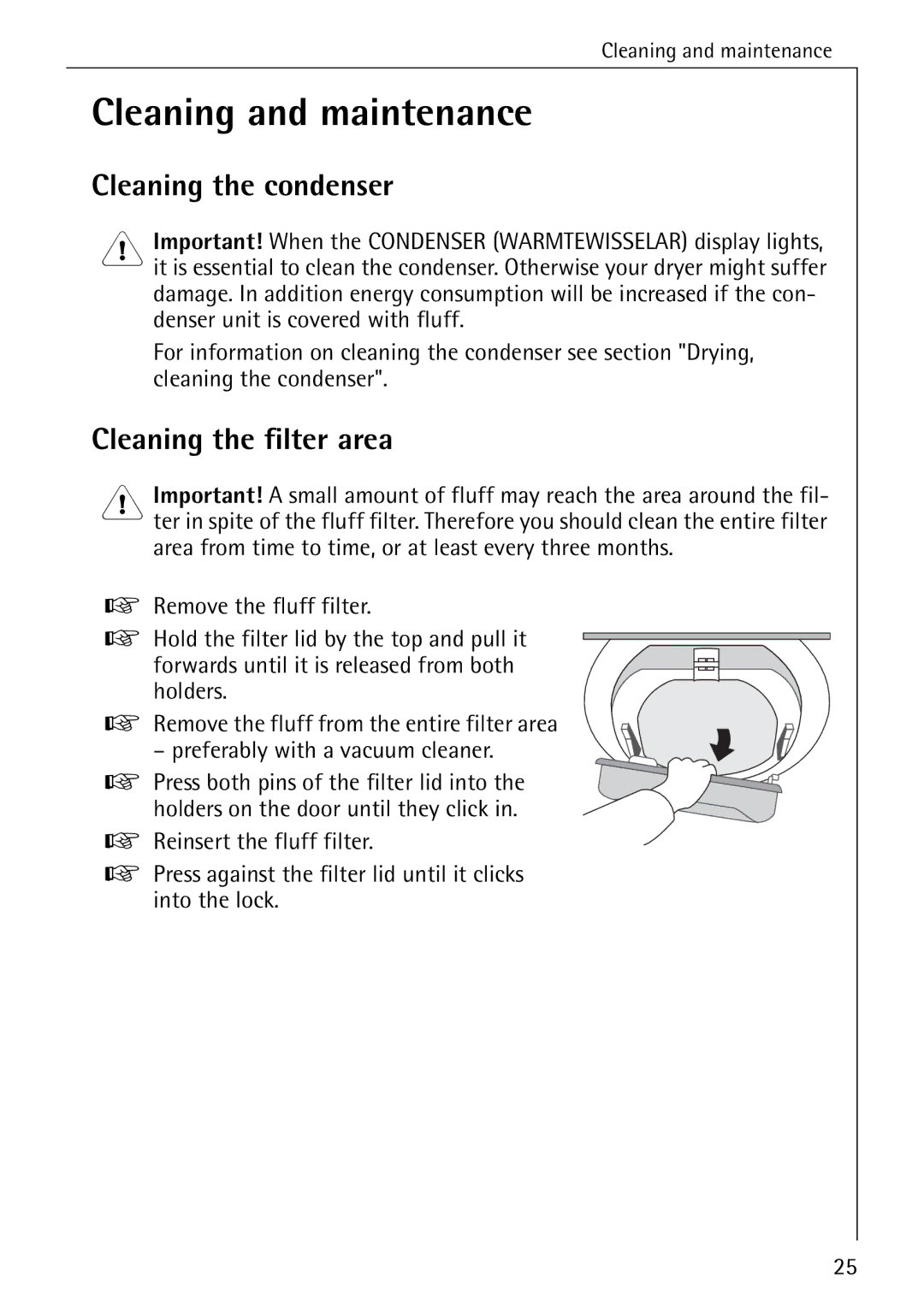 AEG 57520 operating instructions Cleaning and maintenance, Cleaning the filter area 