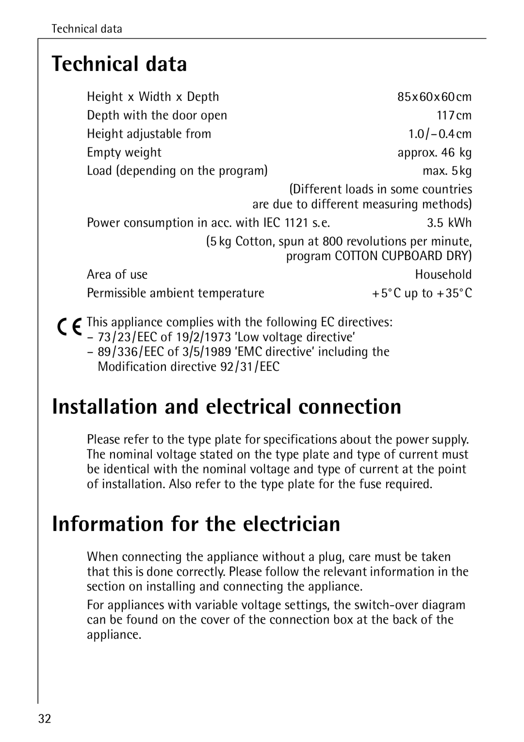 AEG 57520 operating instructions Technical data, Installation and electrical connection, Information for the electrician 