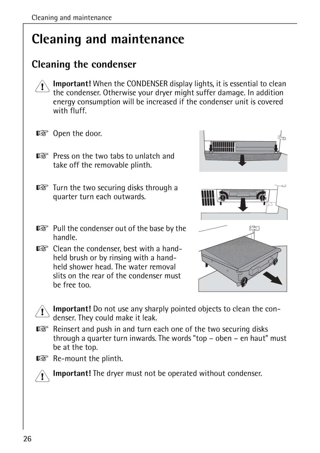 AEG 57700 operating instructions Cleaning and maintenance, Cleaning the condenser 