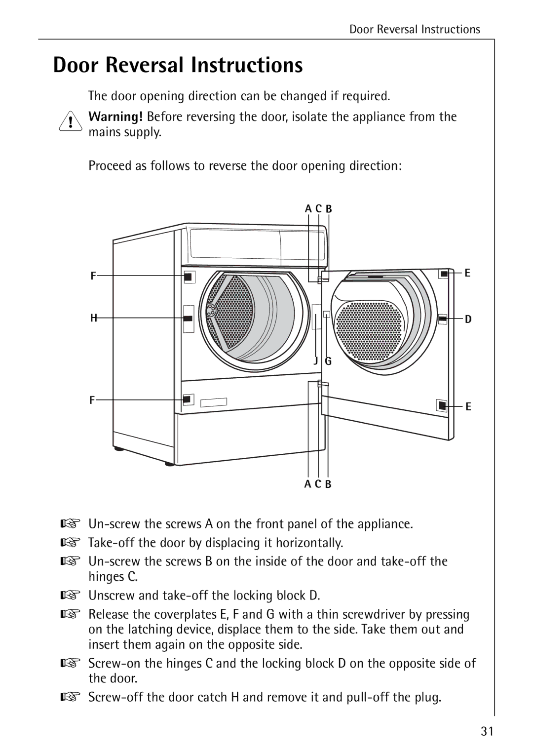 AEG 57700 operating instructions Door Reversal Instructions 