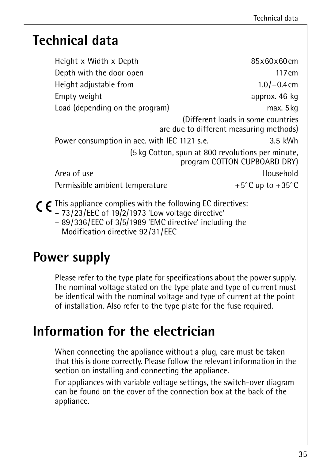 AEG 57700 operating instructions Technical data, Power supply, Information for the electrician 