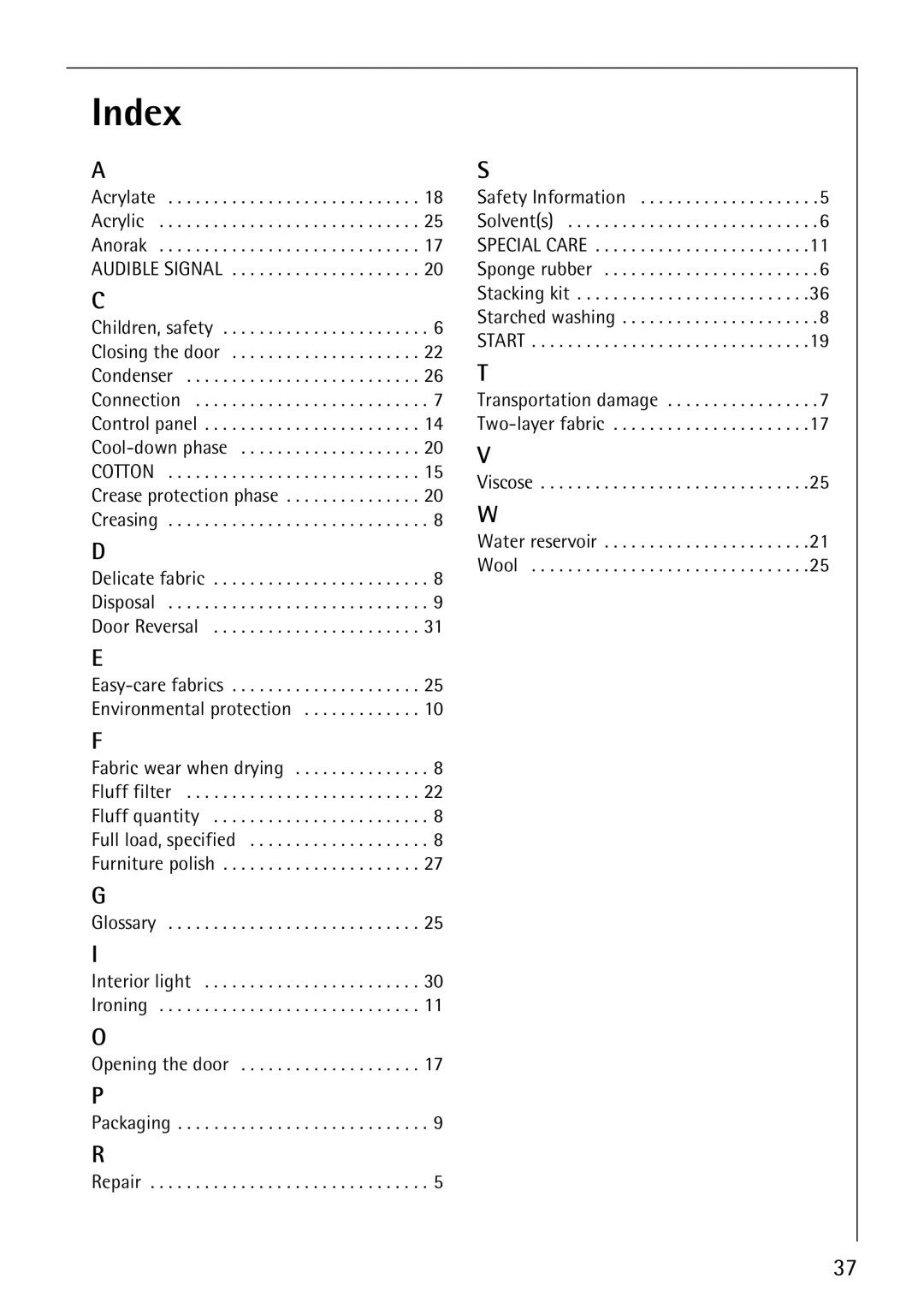 AEG 57700 operating instructions Index, Acrylate Acrylic Anorak 