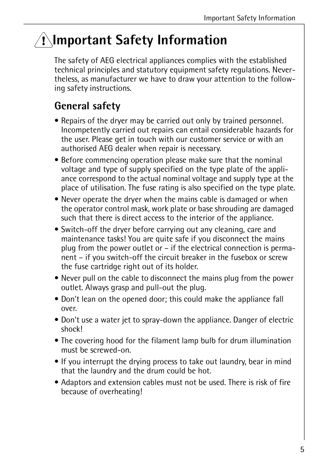 AEG 57700 operating instructions 1Important Safety Information, General safety 