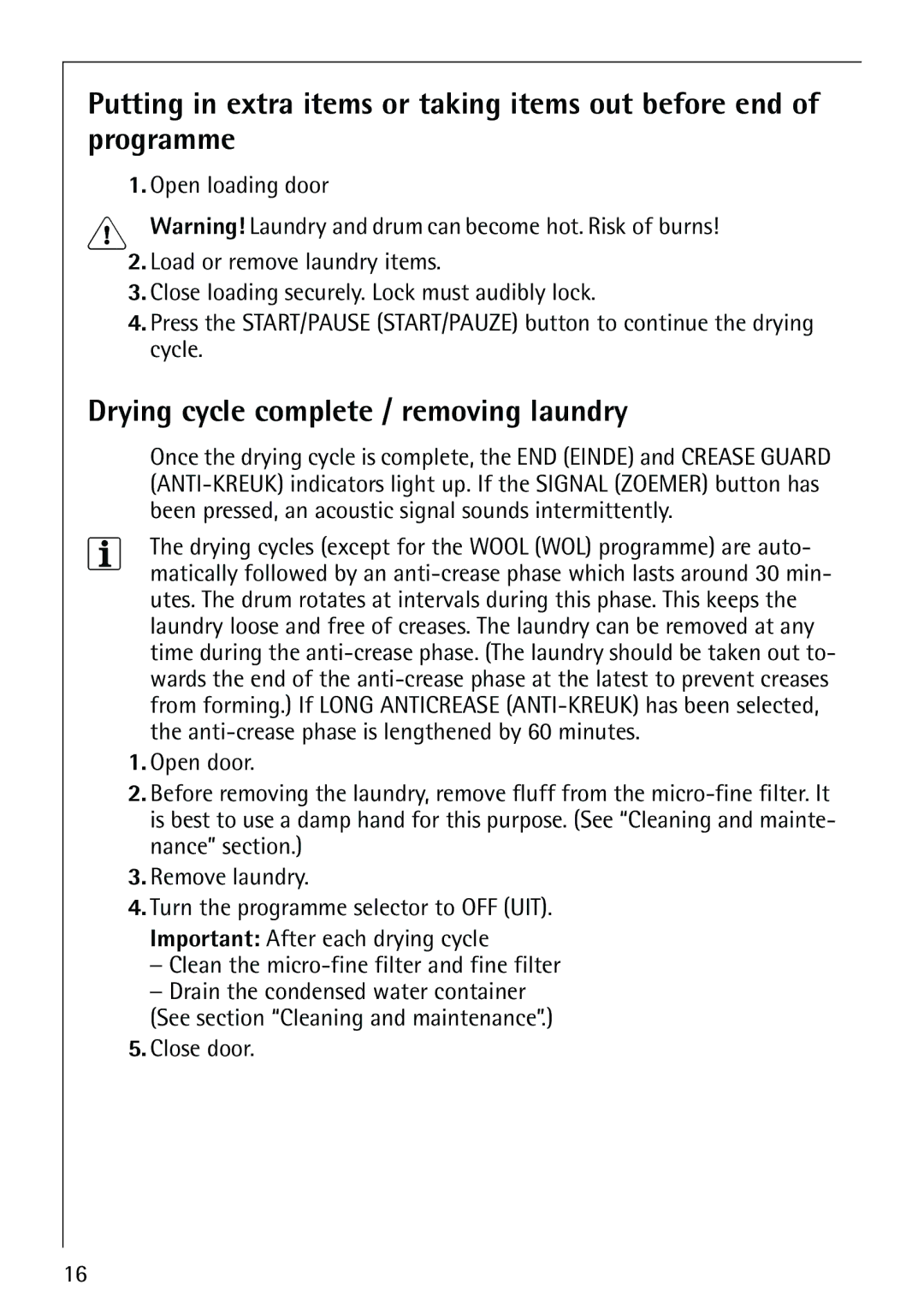 AEG 59800 manual Drying cycle complete / removing laundry 