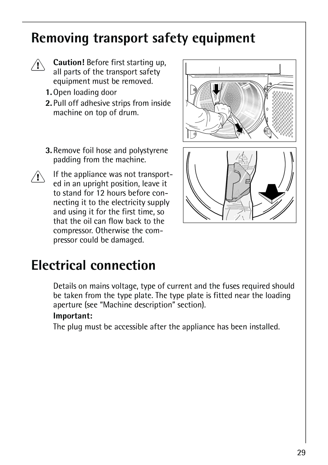 AEG 59800 manual Removing transport safety equipment, Electrical connection 