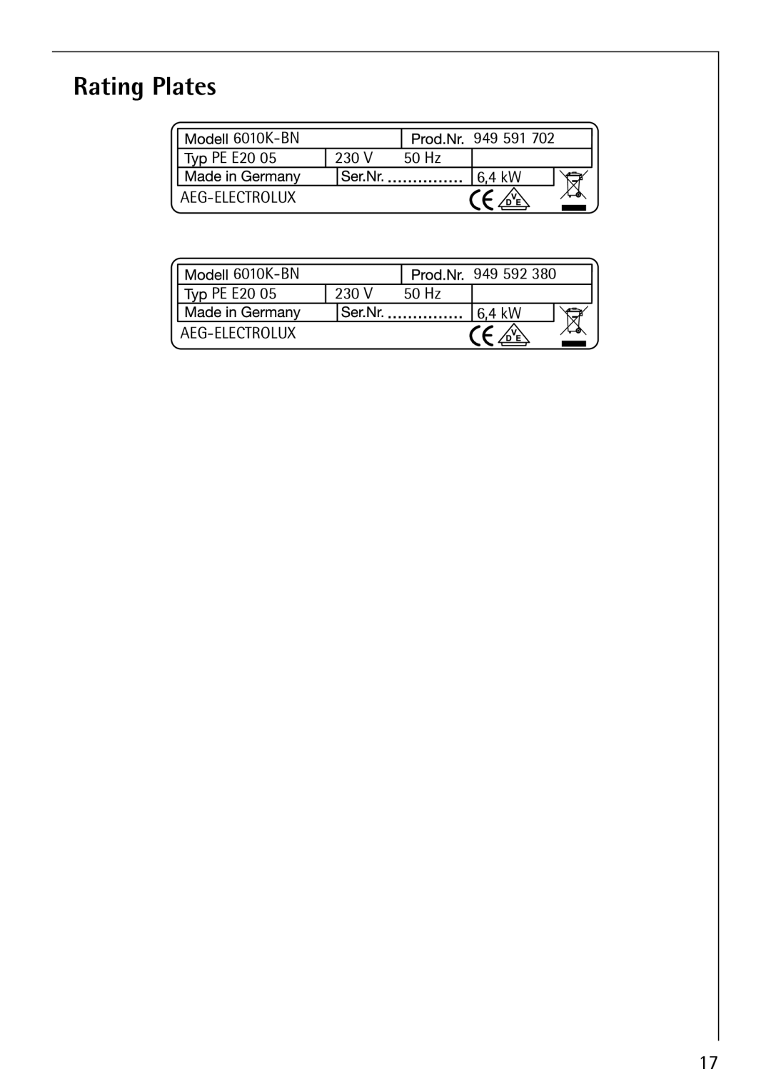 AEG 6010 K manual Rating Plates 