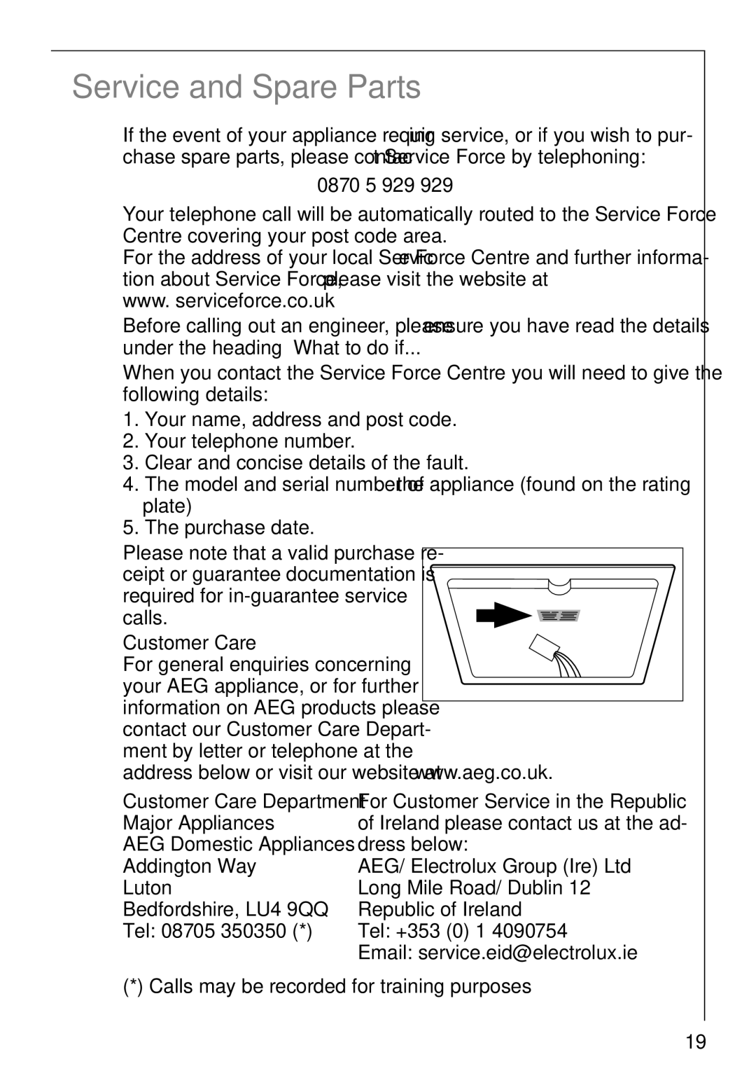 AEG 6010 K manual Service and Spare Parts, 0870 5 929, Customer Care 