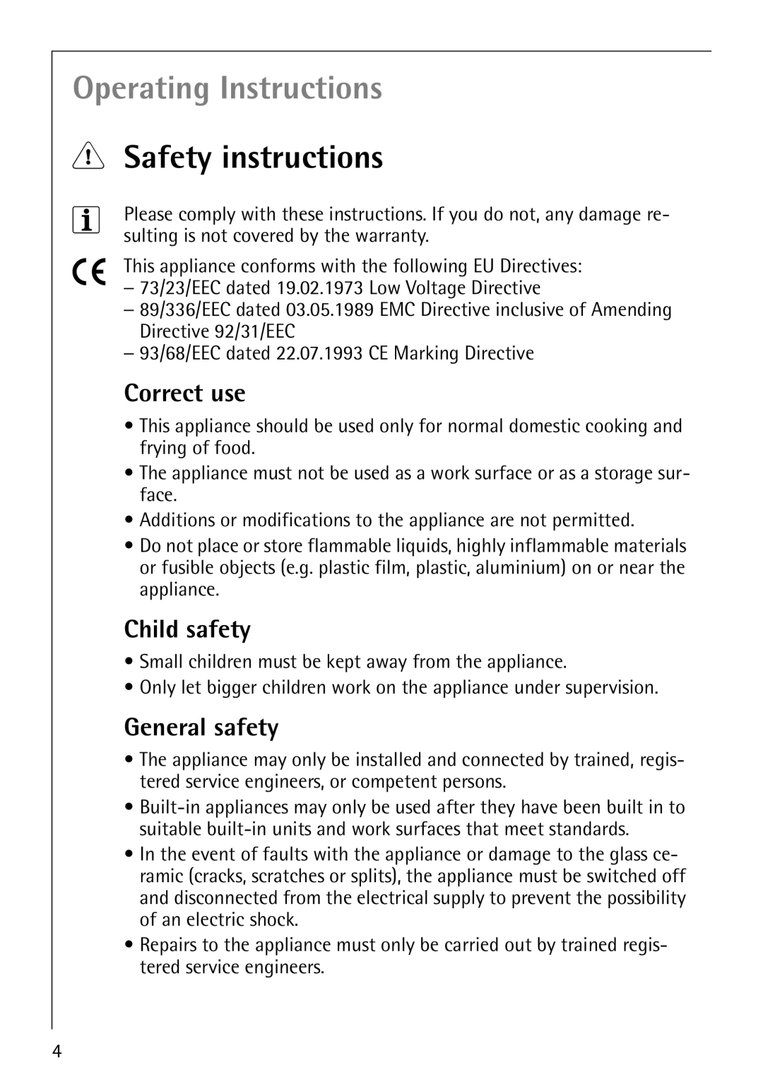 AEG 6010 K manual Operating Instructions, Safety instructions, Correct use, Child safety, General safety 