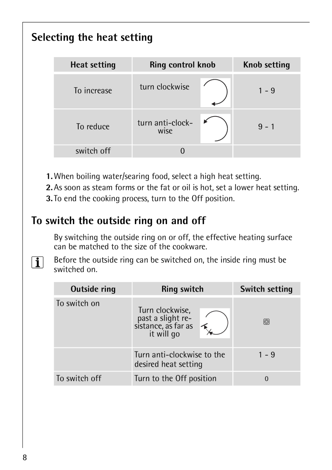 AEG 6010 K Selecting the heat setting, To switch the outside ring on and off, Heat setting Ring control knob Knob setting 