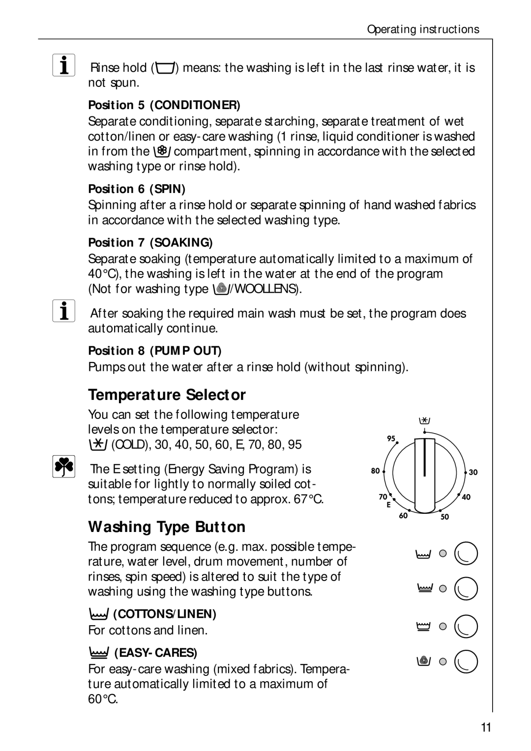 AEG 60300 manual Temperature Selector, Washing Type Button 