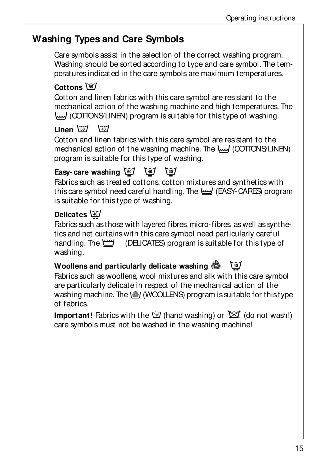 AEG 60300 manual Washing Types and Care Symbols 