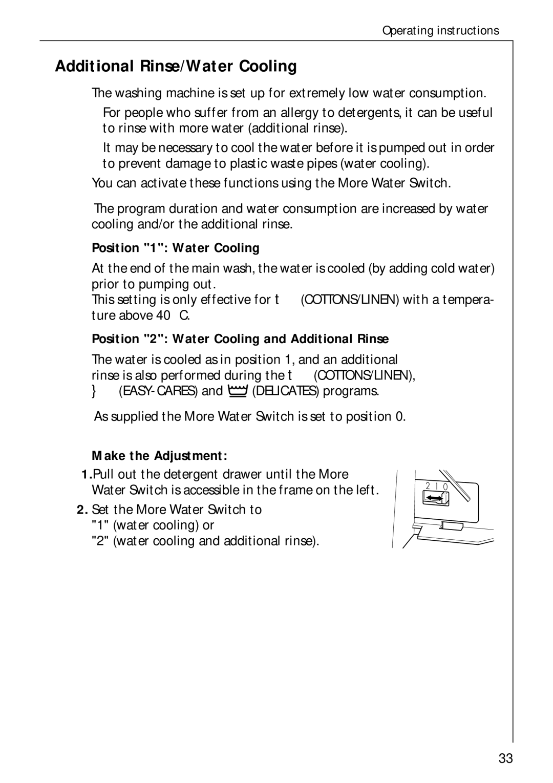 AEG 60300 manual Additional Rinse/Water Cooling, Position 1 Water Cooling, Position 2 Water Cooling and Additional Rinse 