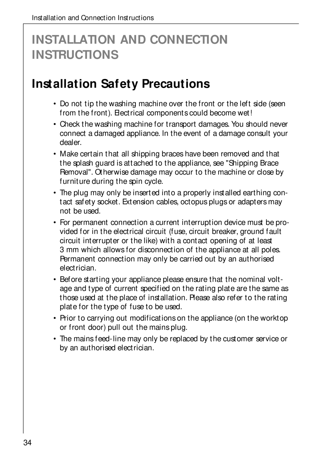 AEG 60300 manual Installation and Connection Instructions, Installation Safety Precautions 