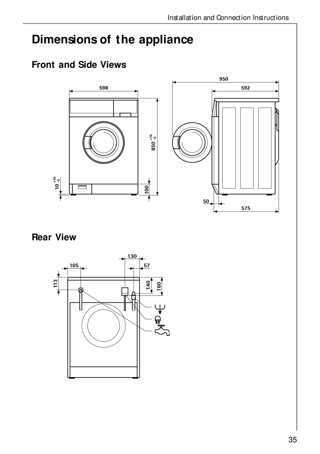 AEG 60300 manual Dimensions of the appliance, Front and Side Views, Rear View 