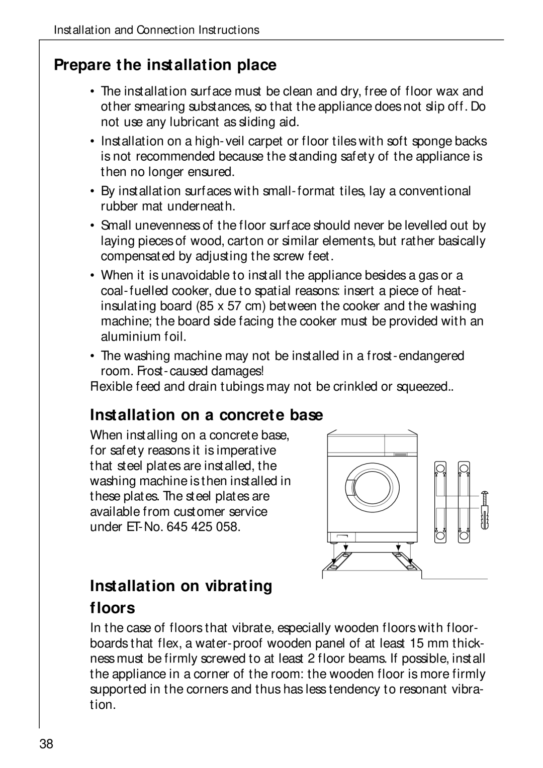 AEG 60300 manual Prepare the installation place, Installation on a concrete base, Installation on vibrating floors 