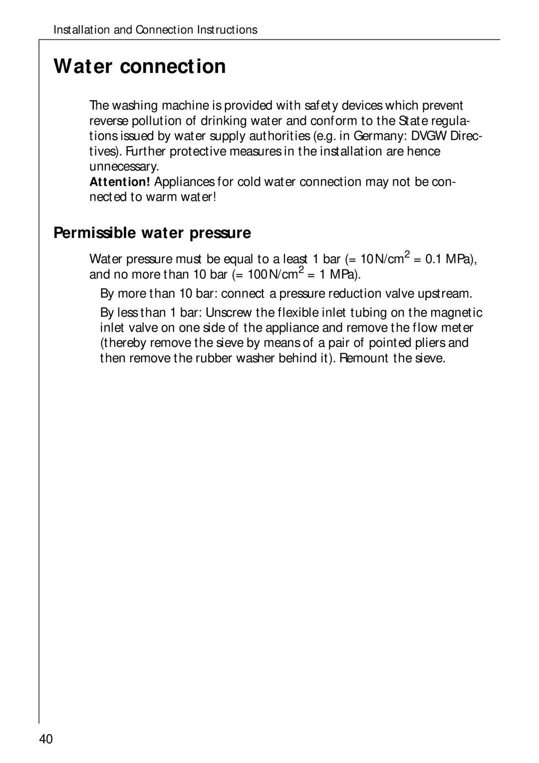 AEG 60300 manual Water connection, Permissible water pressure 