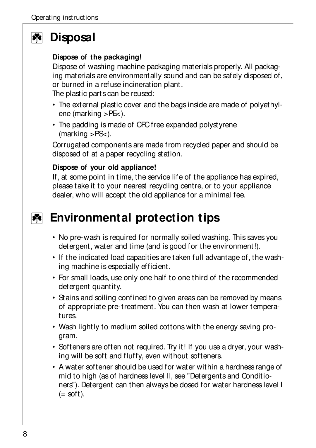 AEG 60300 manual Disposal, Environmental protection tips, Dispose of the packaging, Dispose of your old appliance 