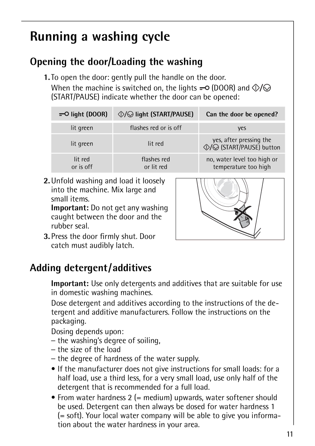 AEG 60810 manual Running a washing cycle, Opening the door/Loading the washing, Adding detergent/additives 