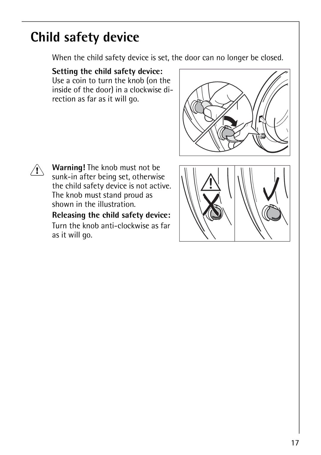 AEG 60810 manual Child safety device, Releasing the child safety device 