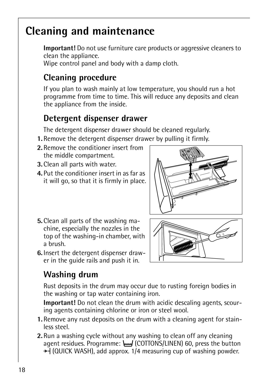 AEG 60810 manual Cleaning and maintenance, Cleaning procedure, Detergent dispenser drawer, Washing drum 