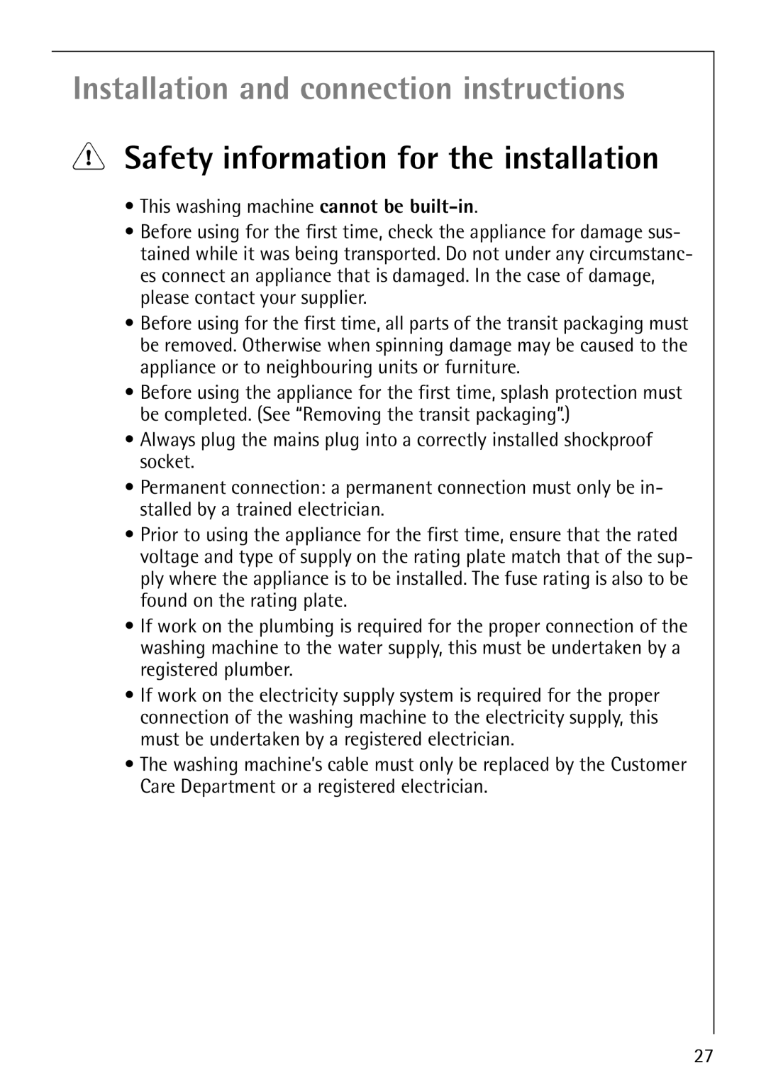 AEG 60810 manual Installation and connection instructions, Safety information for the installation 