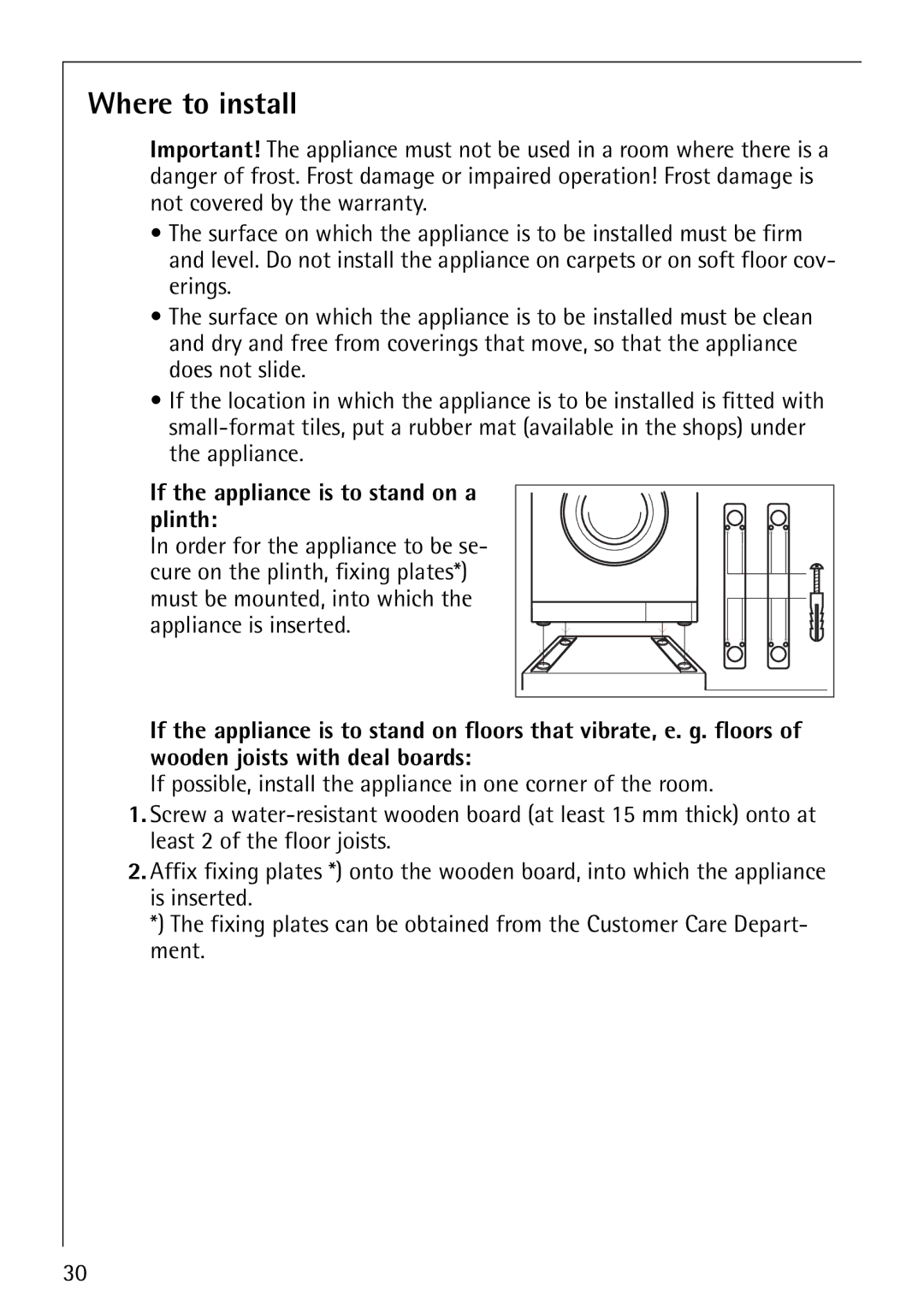 AEG 60810 manual Where to install, If the appliance is to stand on a plinth 