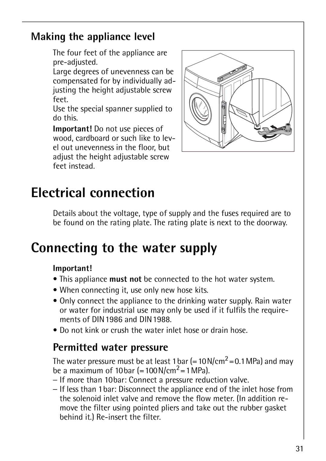 AEG 60810 Electrical connection, Connecting to the water supply, Making the appliance level, Permitted water pressure 