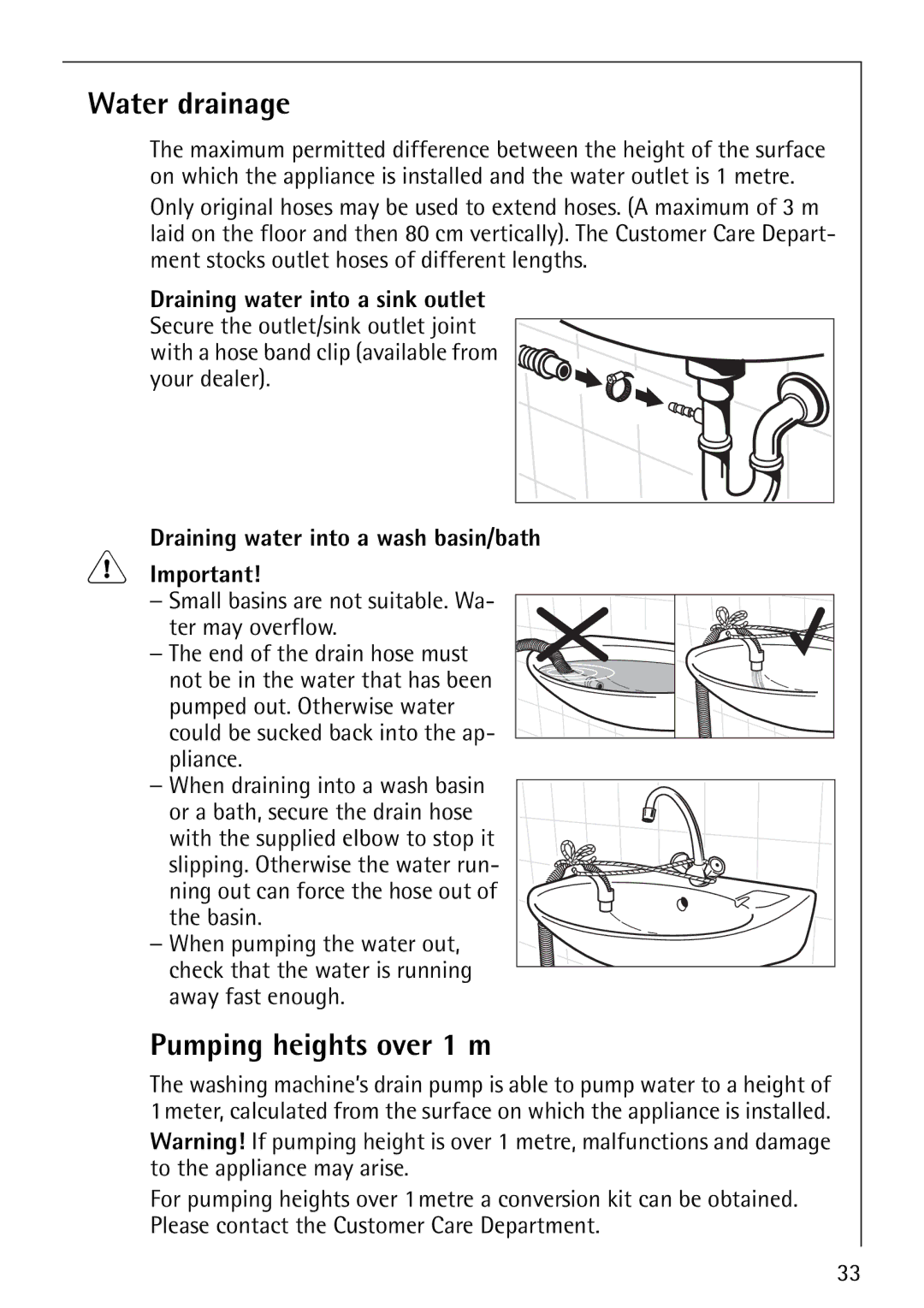 AEG 60810 manual Water drainage, Pumping heights over 1 m, Draining water into a wash basin/bath 