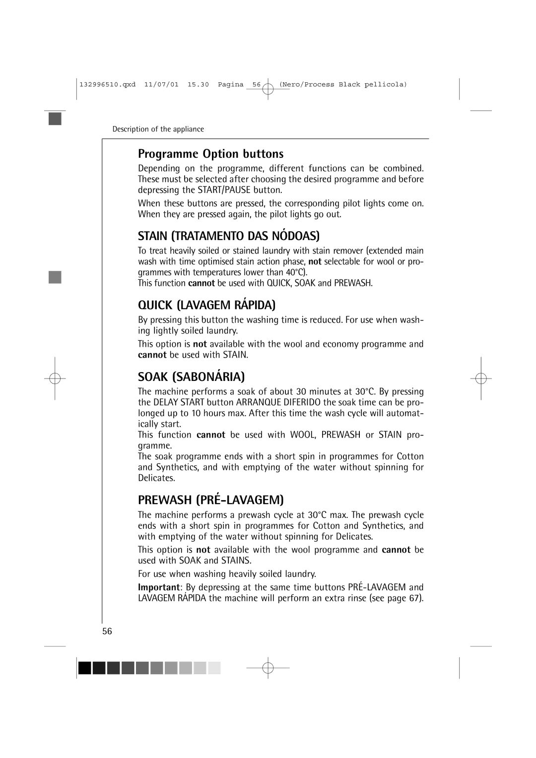 AEG 60820 manual Programme Option buttons, Stain Tratamento DAS Nódoas 