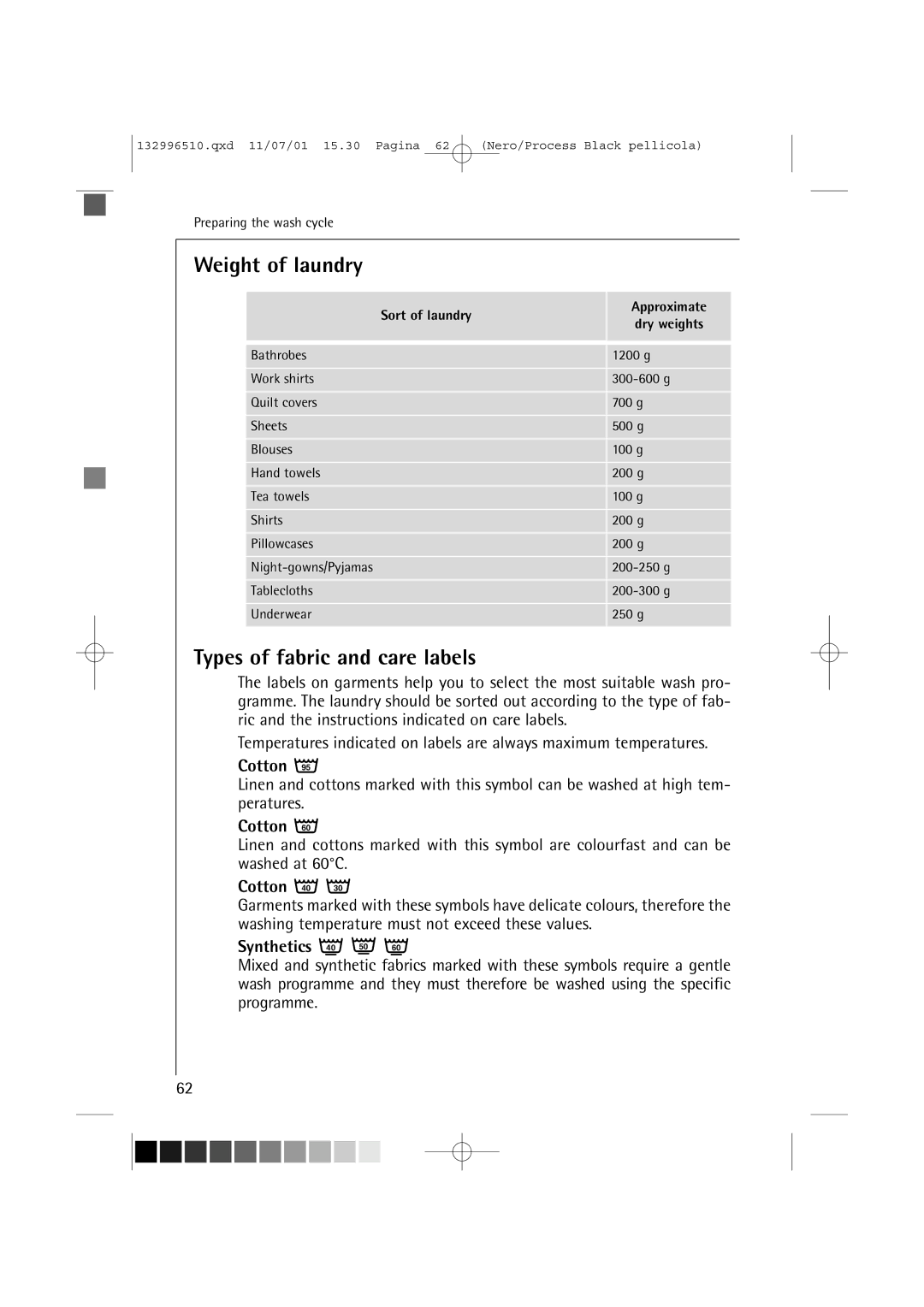 AEG 60820 manual Weight of laundry, Types of fabric and care labels, Cotton, Synthetics 40 50 