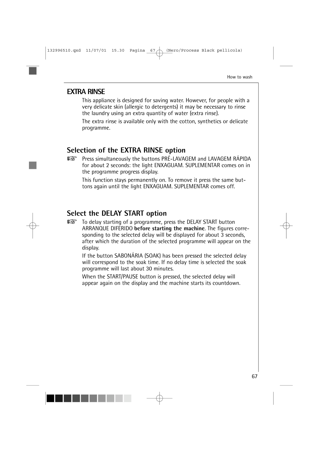 AEG 60820 manual Selection of the Extra Rinse option, Select the Delay Start option 