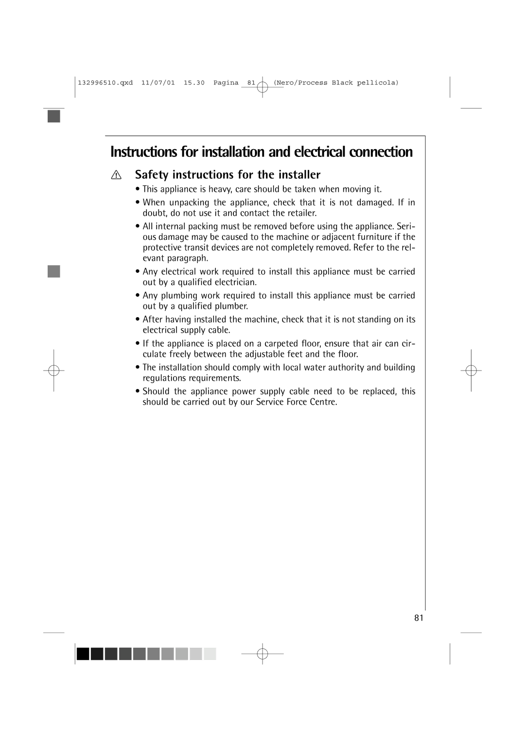 AEG 60820 manual Instructions for installation and electrical connection, Safety instructions for the installer 