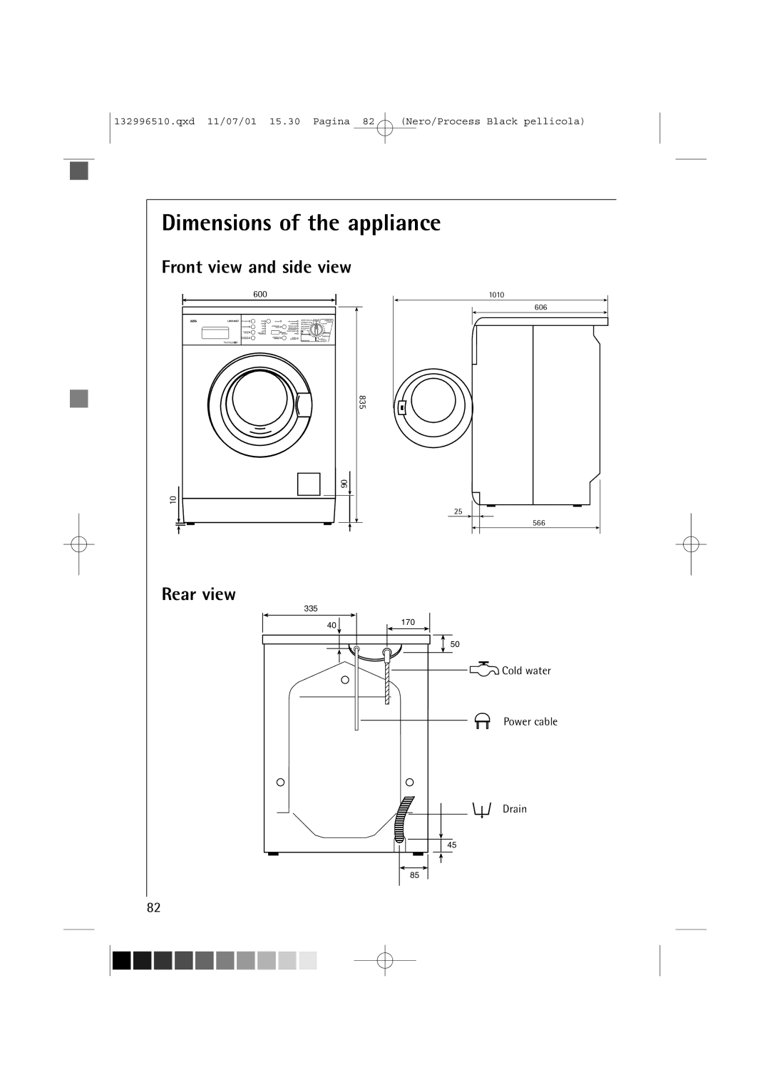 AEG 60820 manual Dimensions of the appliance, Rear view 