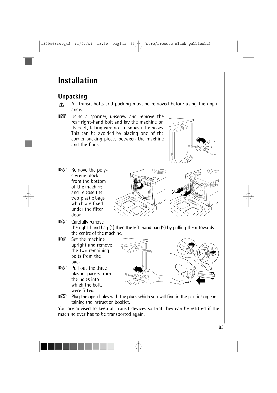 AEG 60820 manual Installation, Unpacking 