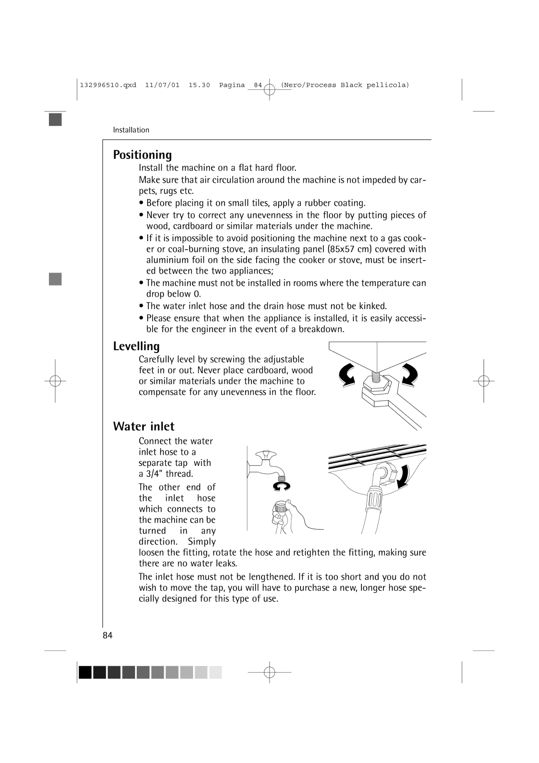 AEG 60820 manual Positioning, Levelling, Water inlet 