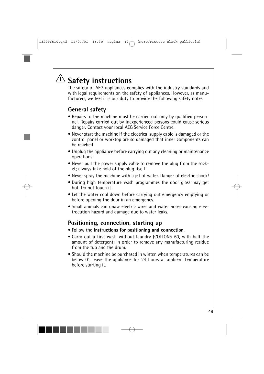 AEG 60820 manual Safety instructions, General safety, Positioning, connection, starting up 