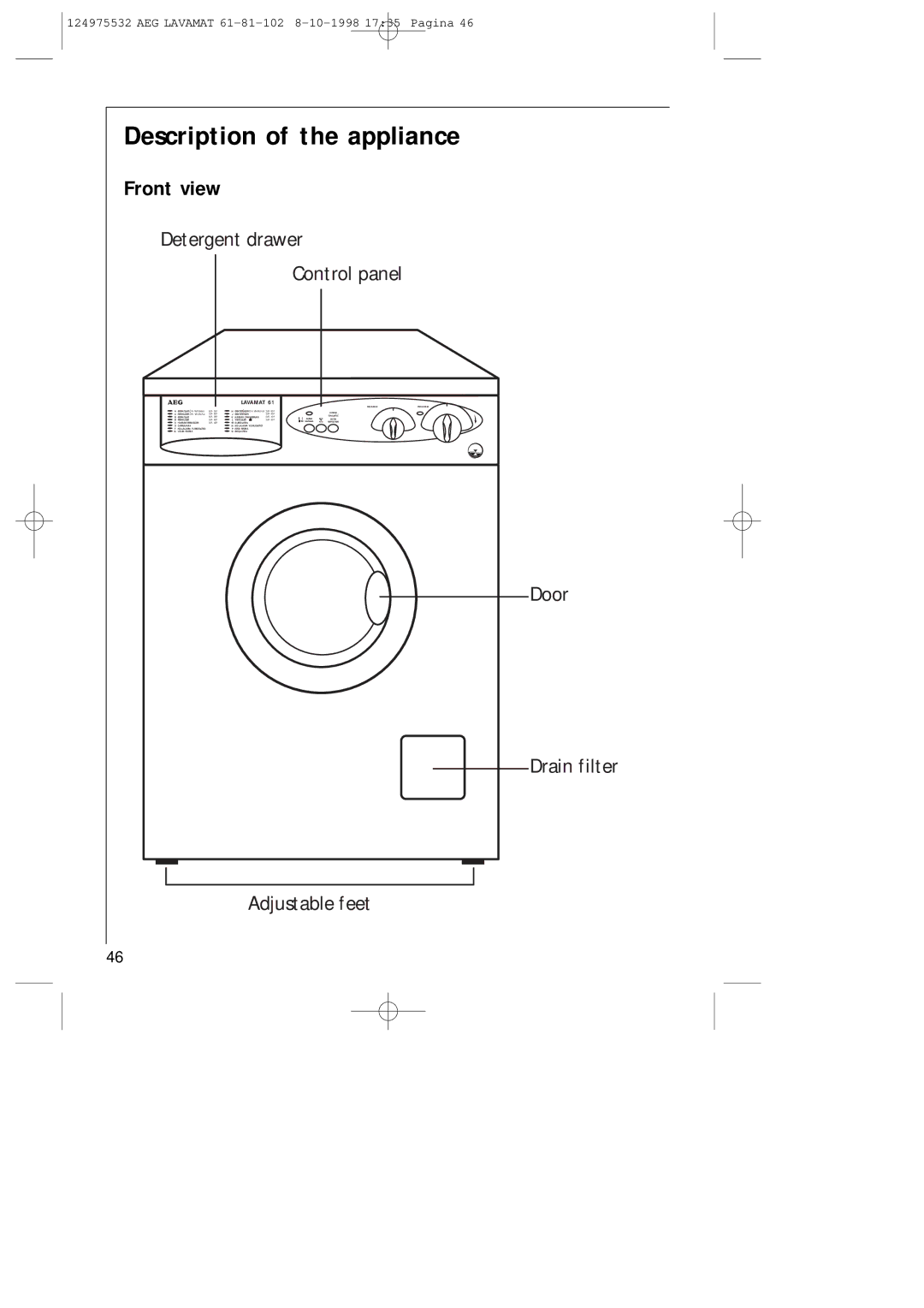 AEG 61-81-102 manual Description of the appliance, Front view 