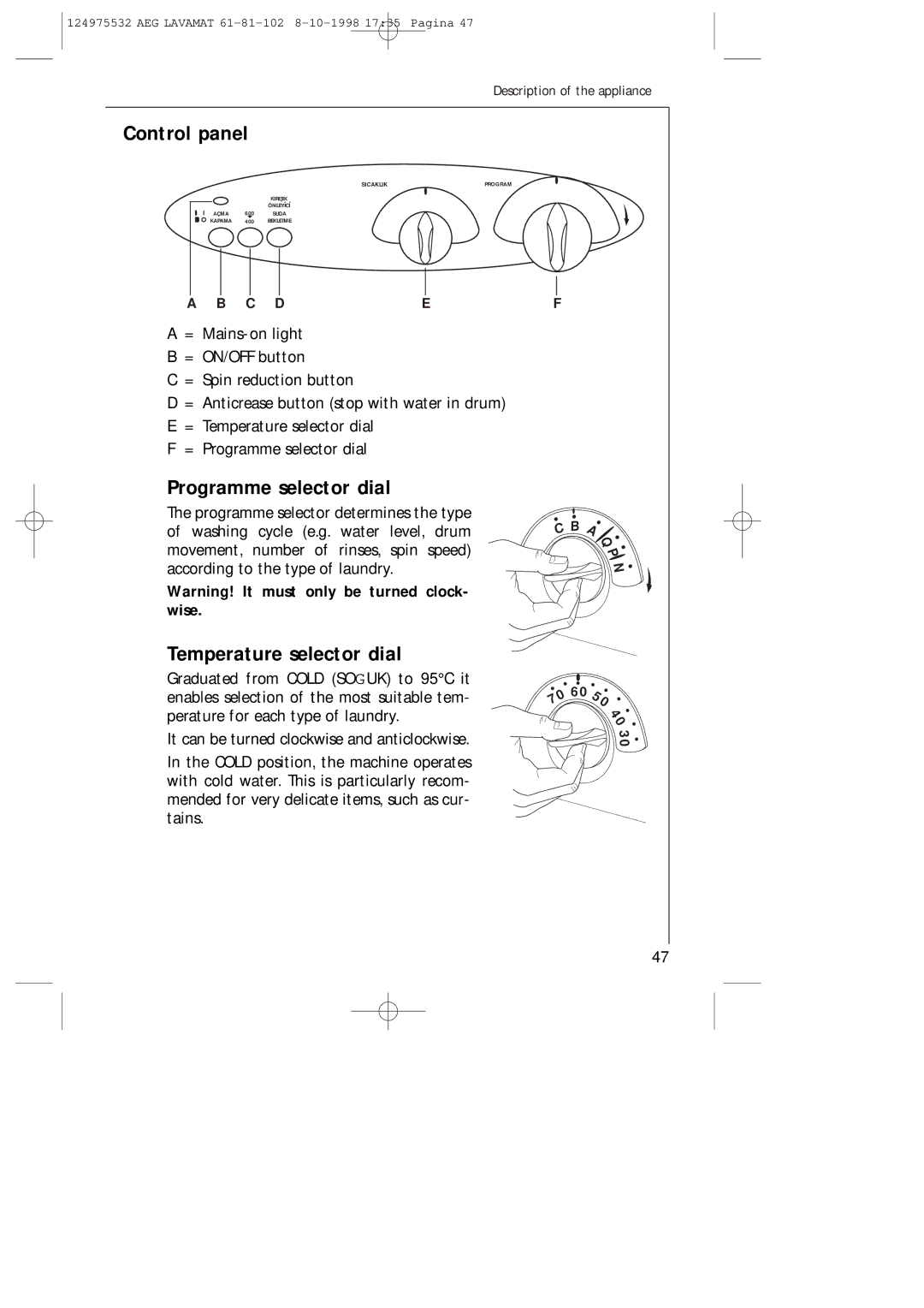 AEG 61-81-102 manual Control panel, Programme selector dial, Temperature selector dial 