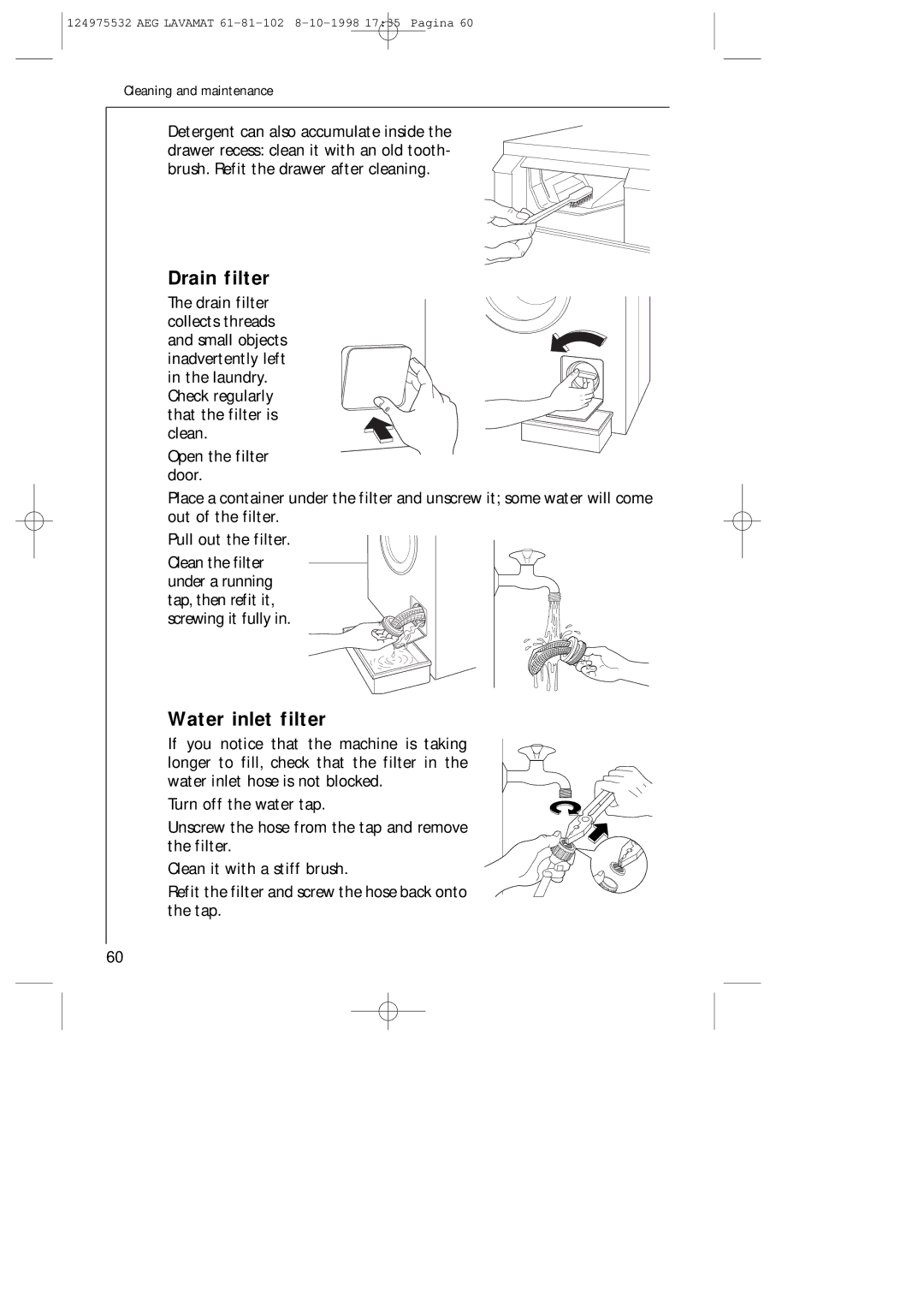 AEG 61-81-102 manual Drain filter, Water inlet filter 