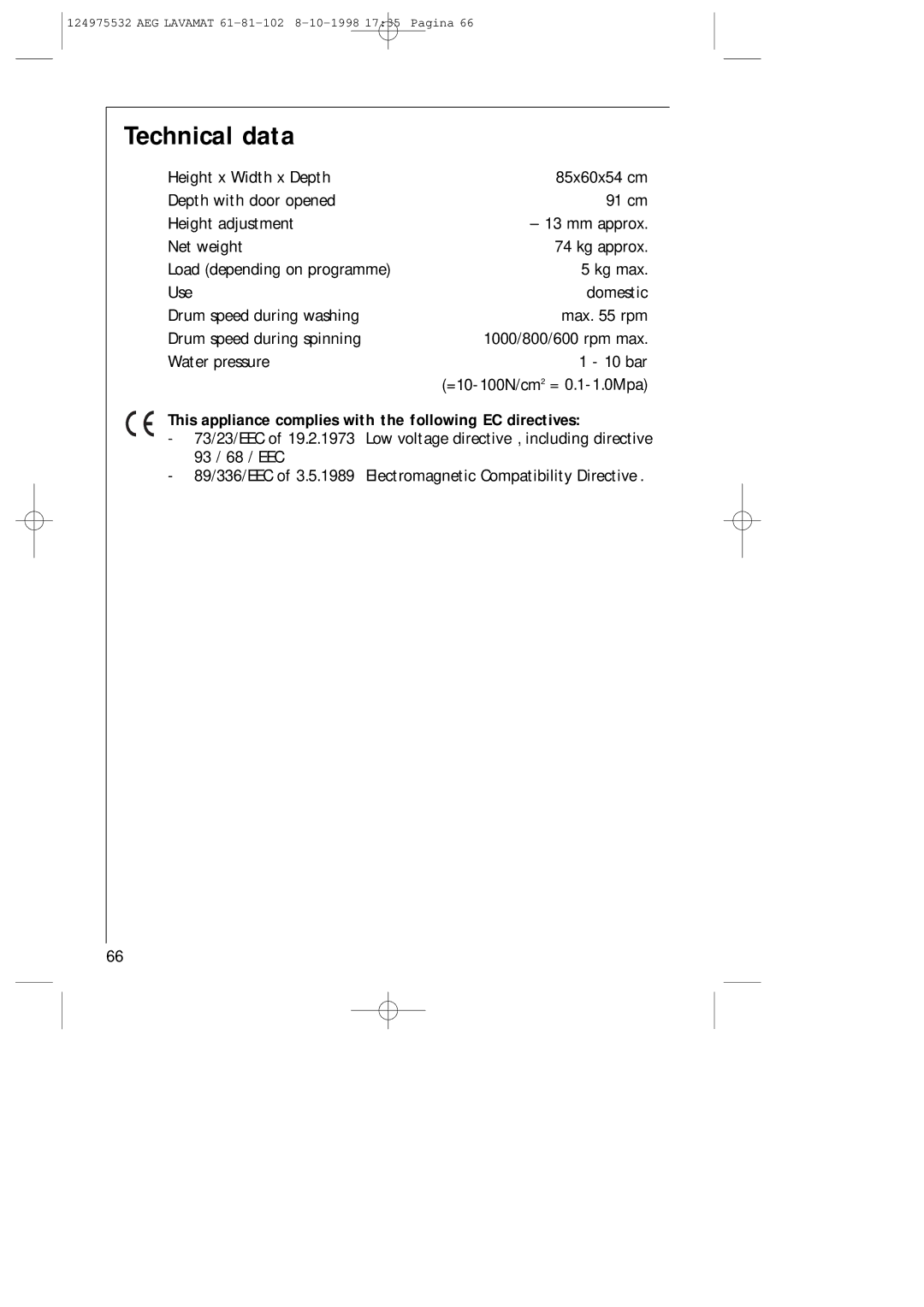 AEG 61-81-102 manual Technical data, This appliance complies with the following EC directives 