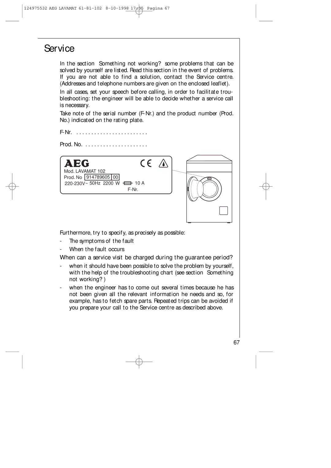 AEG 61-81-102 manual Service 