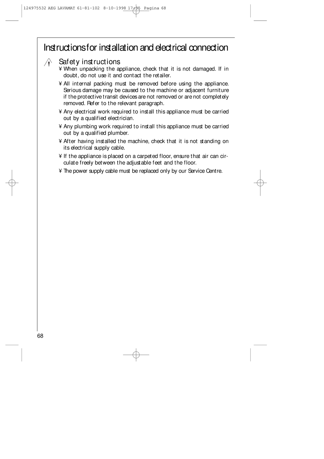 AEG 61-81-102 manual Instructions for installation and electrical connection, Safety instructions 