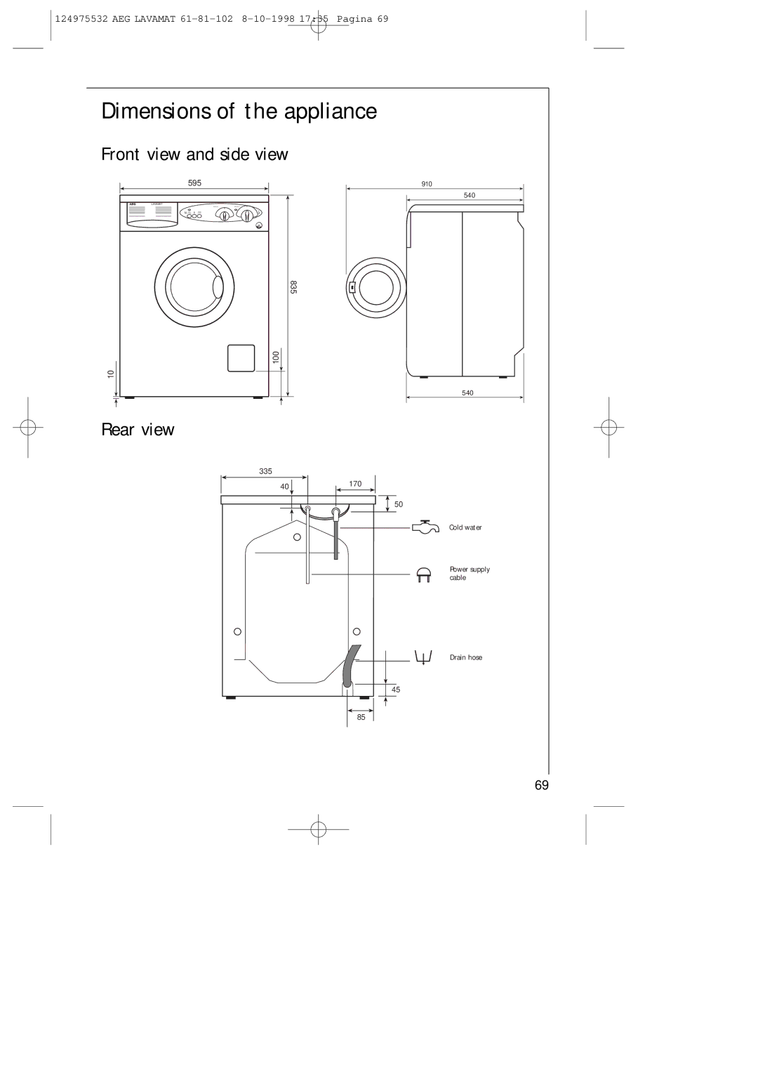 AEG 61-81-102 manual Dimensions of the appliance, Front view and side view, Rear view 