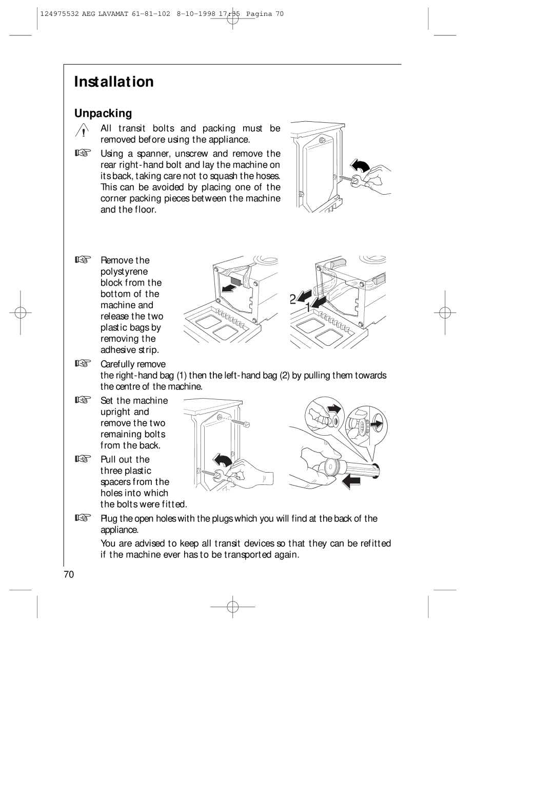 AEG 61-81-102 manual Installation, Unpacking 