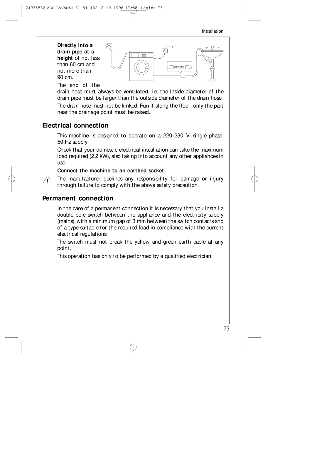 AEG 61-81-102 manual Electrical connection, Permanent connection, Directly into a, Not more than 90 cm End 